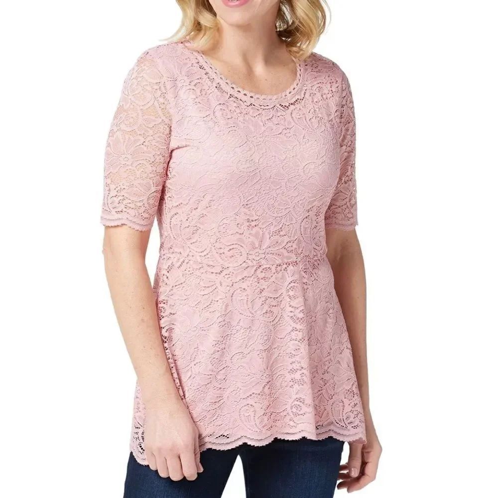 Isaac Mizrahi Elbow-Sleeve Stretch Lace Peplum Knit Top